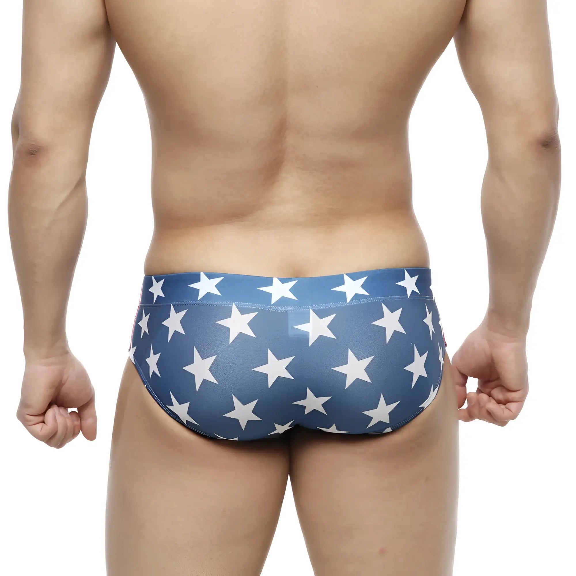 Blue metro-malewear classic swim brief with white star pattern designed for comfortable swimwear use