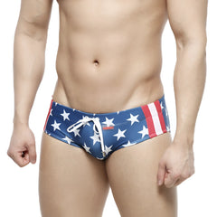 MetroMaleWear classic swim brief usa 4914-92 blue trunks with white stars red and white striped side panels and drawstring closure