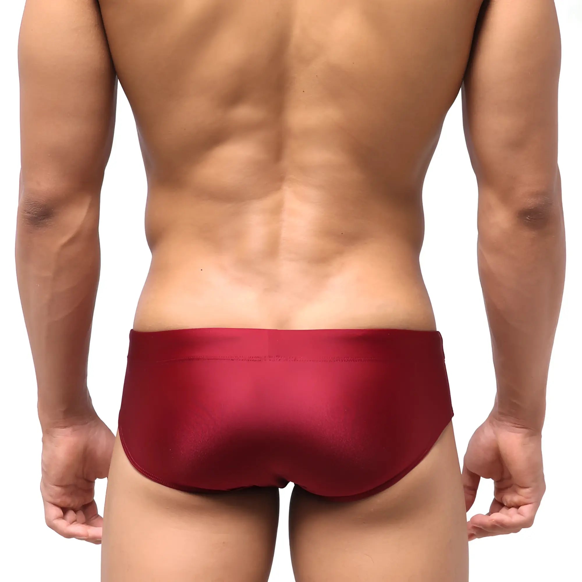 MetroMalewear classic swim brief wine 4914-42 is a sleek satin finish red swim trunk with a snug, form-hugging design