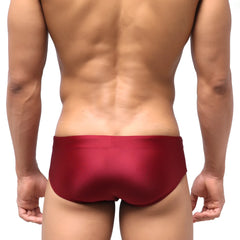 MetroMalewear classic swim brief wine 4914-42 is a sleek satin finish red swim trunk with a snug, form-hugging design