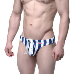 MetroMalewear classic swim thong sailor 4902-32 blue and white striped swim trunks with white drawstring front view
