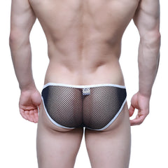 Black mesh briefs with white trim and a small silver logo on the back from MetroMaleWear Cloud9 bikini dark blue 6303-28