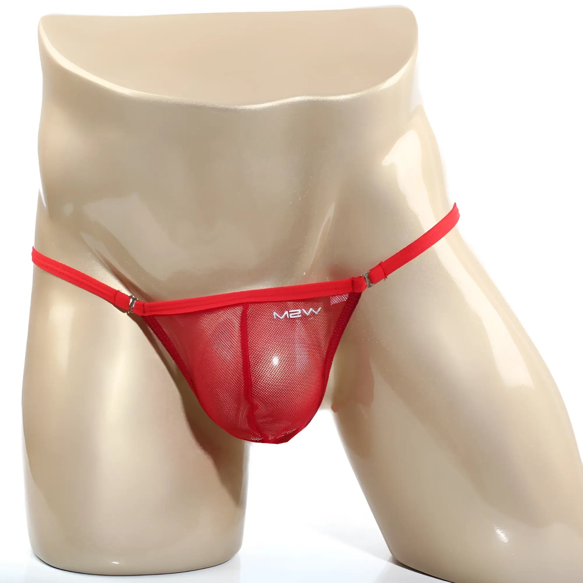 Red mesh thong with thin straps and mbw logo featuring a small metallic clasp metroMalewear cobra string red 2214-12