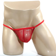 Red mesh thong with thin straps and mbw logo featuring a small metallic clasp metroMalewear cobra string red 2214-12