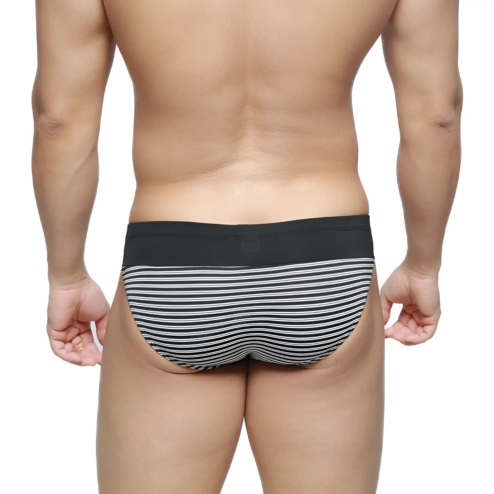Black and white striped briefs with solid black waistband by metromalewear colina bikini balance 5144-40