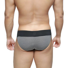 Black and white striped briefs with solid black waistband by metromalewear colina bikini balance 5144-40