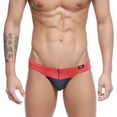 Red and navy blue two-tone swim trunks with a sleek modern design from MetroMaleWear Colina Bikini 5144-12