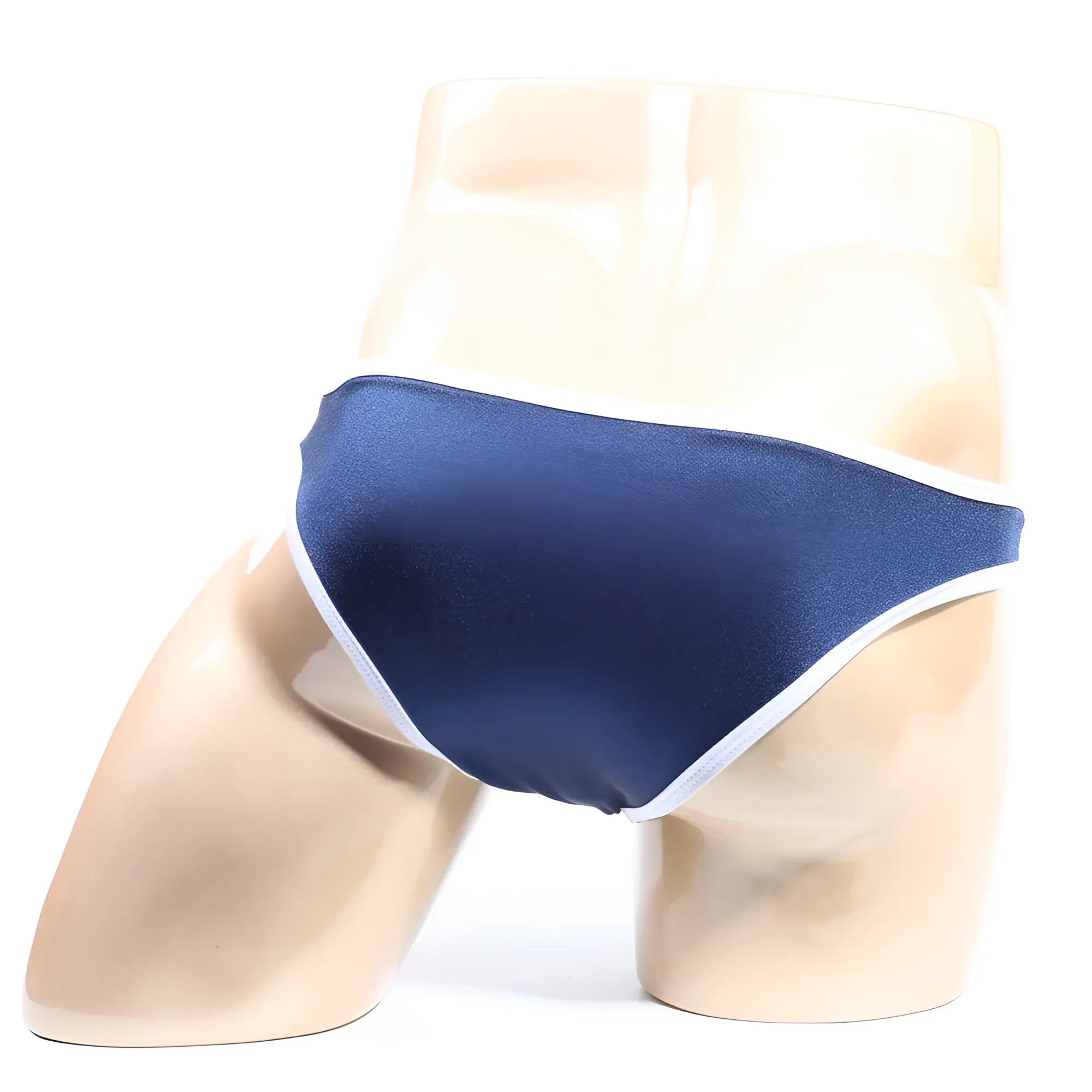 Navy blue satin briefs with white trim metroMalewear colonel bikini 2019-28 front view showing sleek design