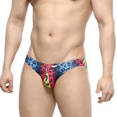 Vibrant rainbow-colored leopard-print snug swim trunks from MetroMaleWear Colorado Jock Strap Neon 5011-05