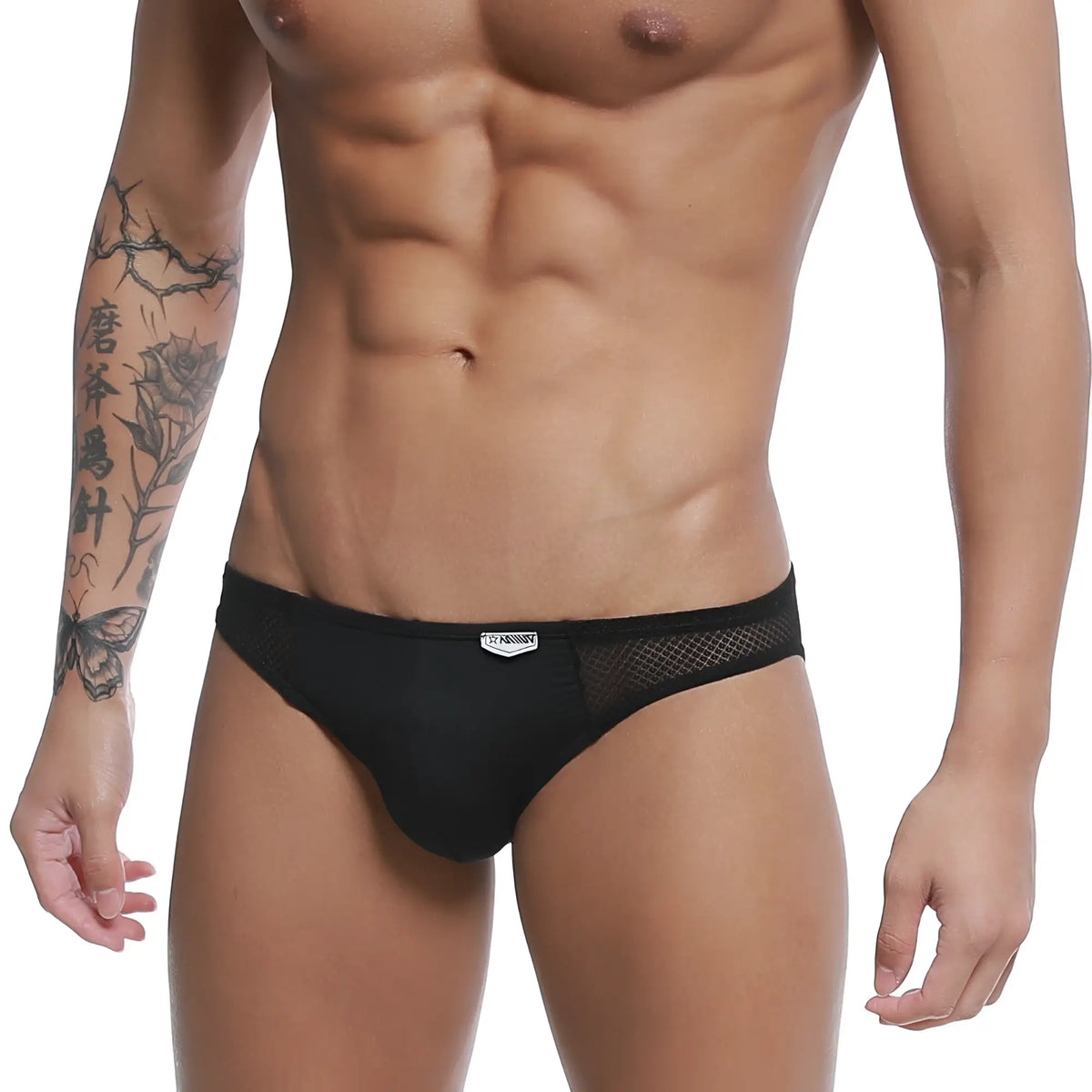Black mesh briefs with a sleek form-fitting design and brand tag on waistband from metromalewear colorado jock strap tull 5011-30