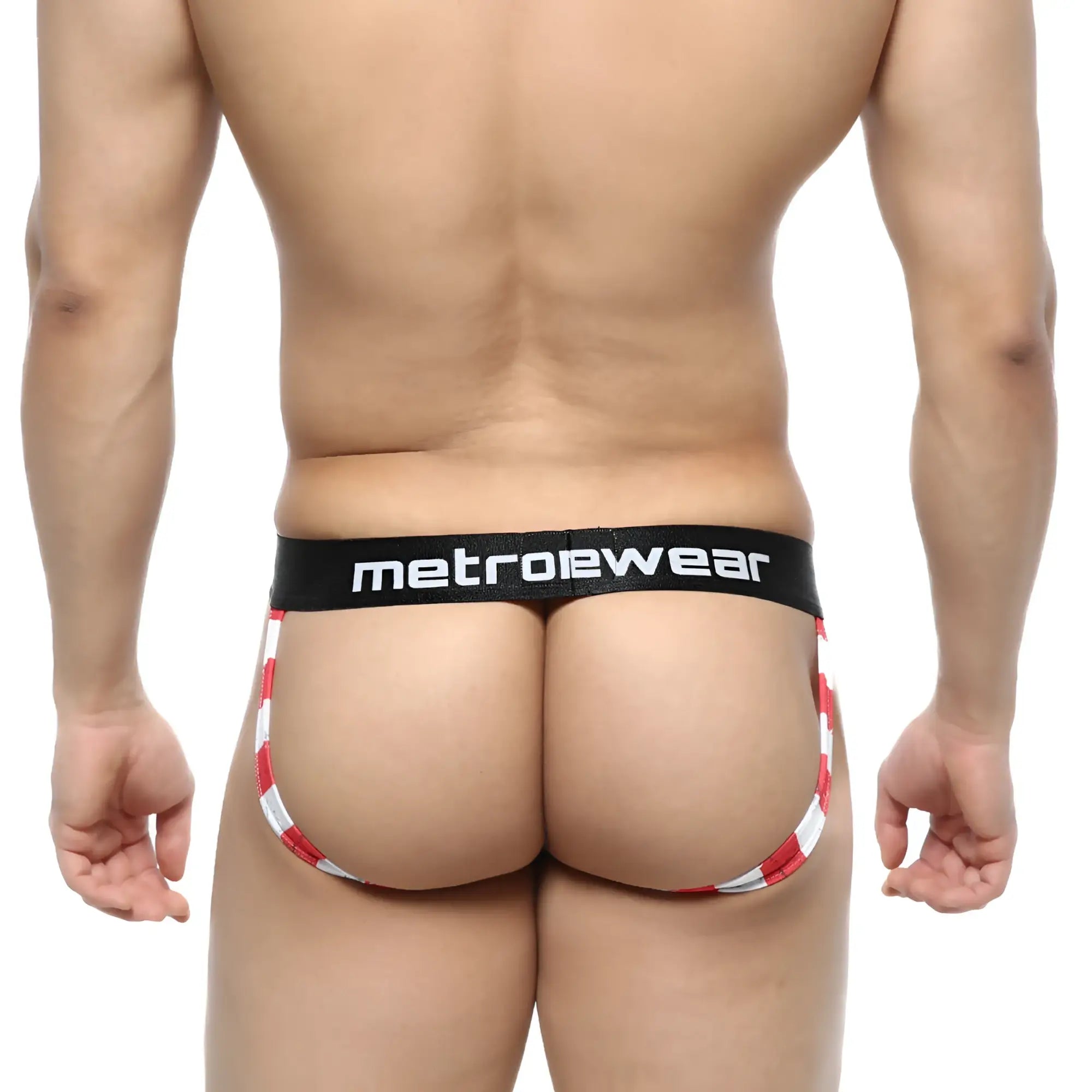Red and white striped men’s briefs with black waistband featuring metroewear logo from metromalewear comando jock strap btalla 2221-92