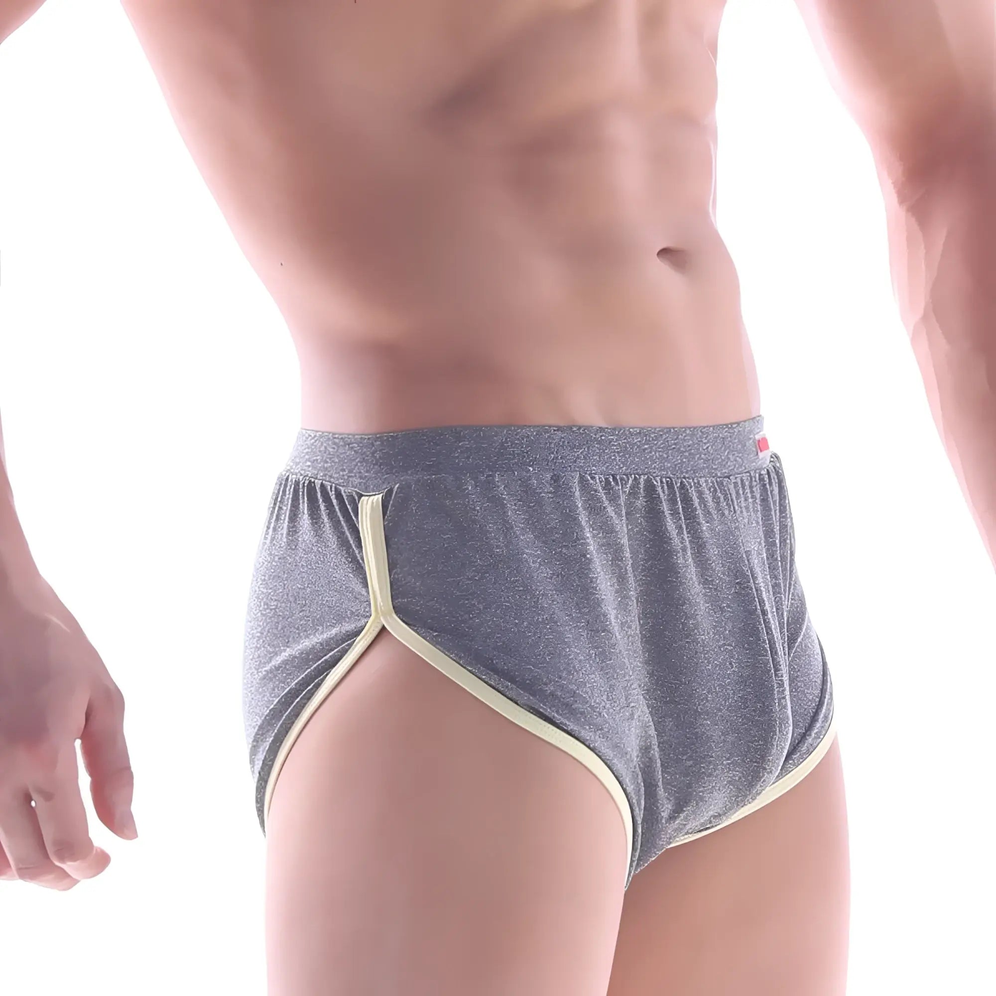 Gray heathered briefs with cream trim and red logo on waistband from metromalewear comfort boxer 8019-11 collection