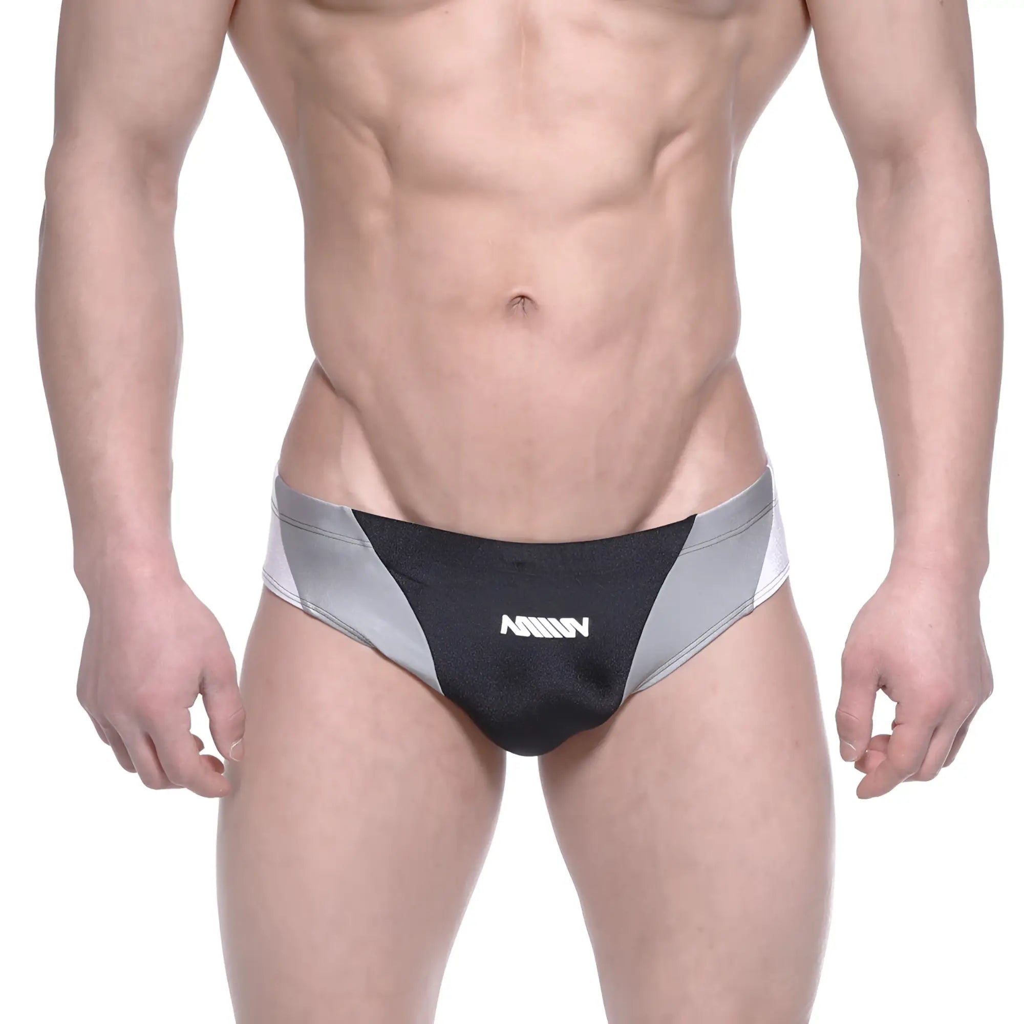 Black and silver athletic briefs with sleek modern design and amin logo front by MetroMaleWear Competidor Bikini 4965-20
