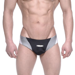 Black and silver athletic briefs with sleek modern design and amin logo front by MetroMaleWear Competidor Bikini 4965-20