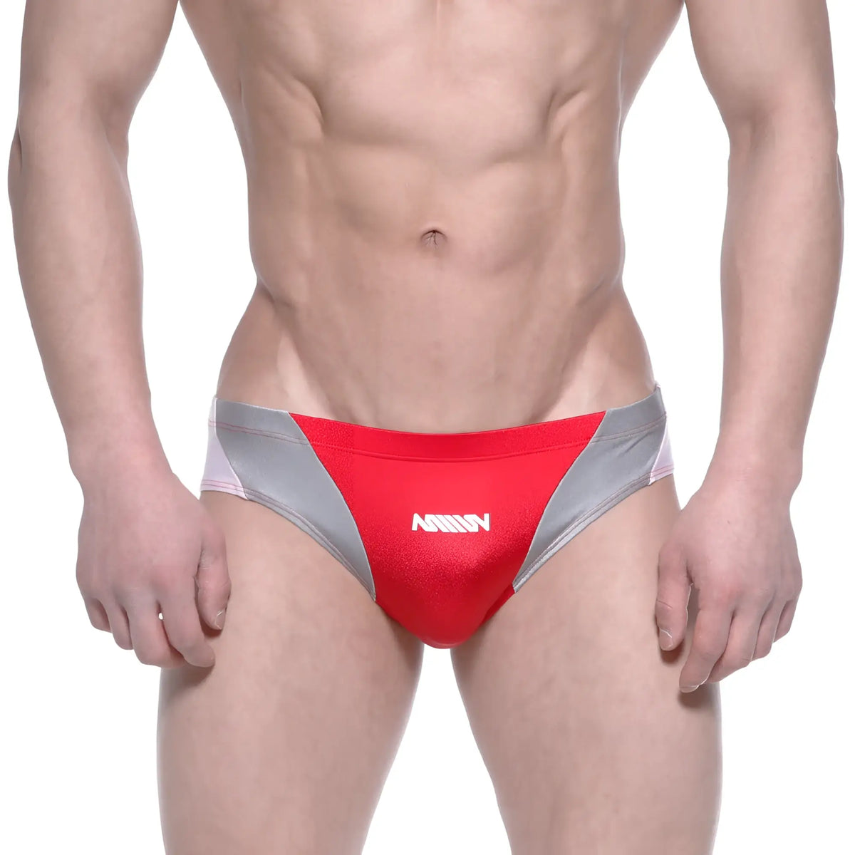 Metro malewear competidor bikini red 4965-12 men’s red and silver swim trunks with white logo on front