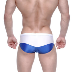 White and royal blue two-tone satin finish swim trunks from MetroMaleWear competitor bikini royal blue 4965-18