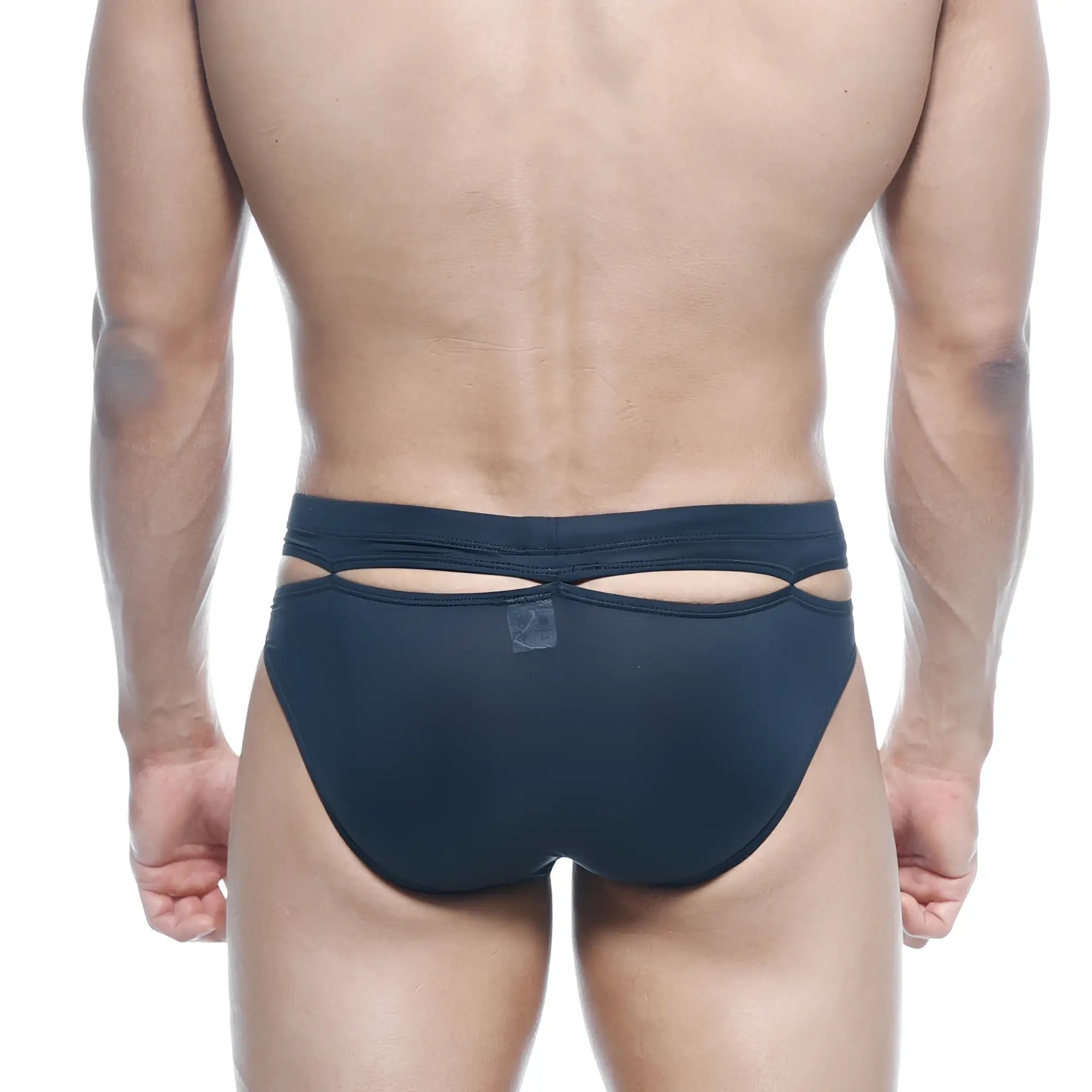 Navy blue mesh briefs with a cutout design at the back in MetroMaleWear Concepcion Brief Black 5213-20
