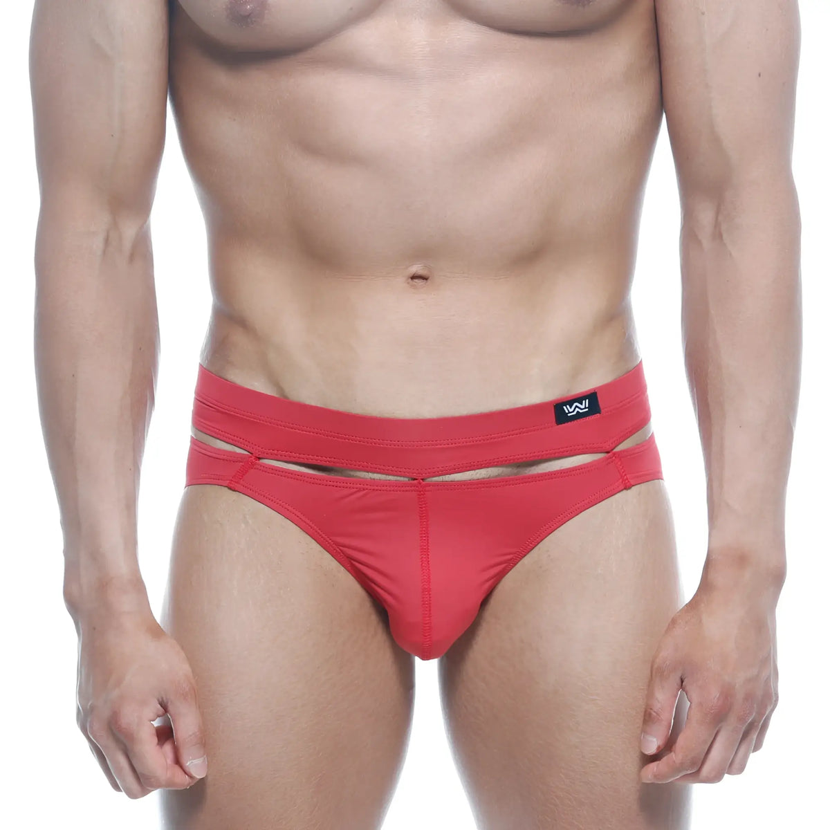 Red athletic briefs with bold modern cut and black MetroMaleWear logo on waistband in Concepcion Brief Red 5213-12 model