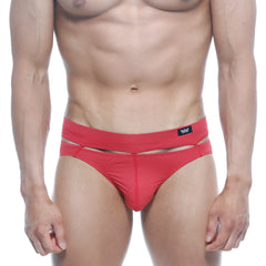 Red athletic briefs with bold modern cut and black MetroMaleWear logo on waistband in Concepcion Brief Red 5213-12 model