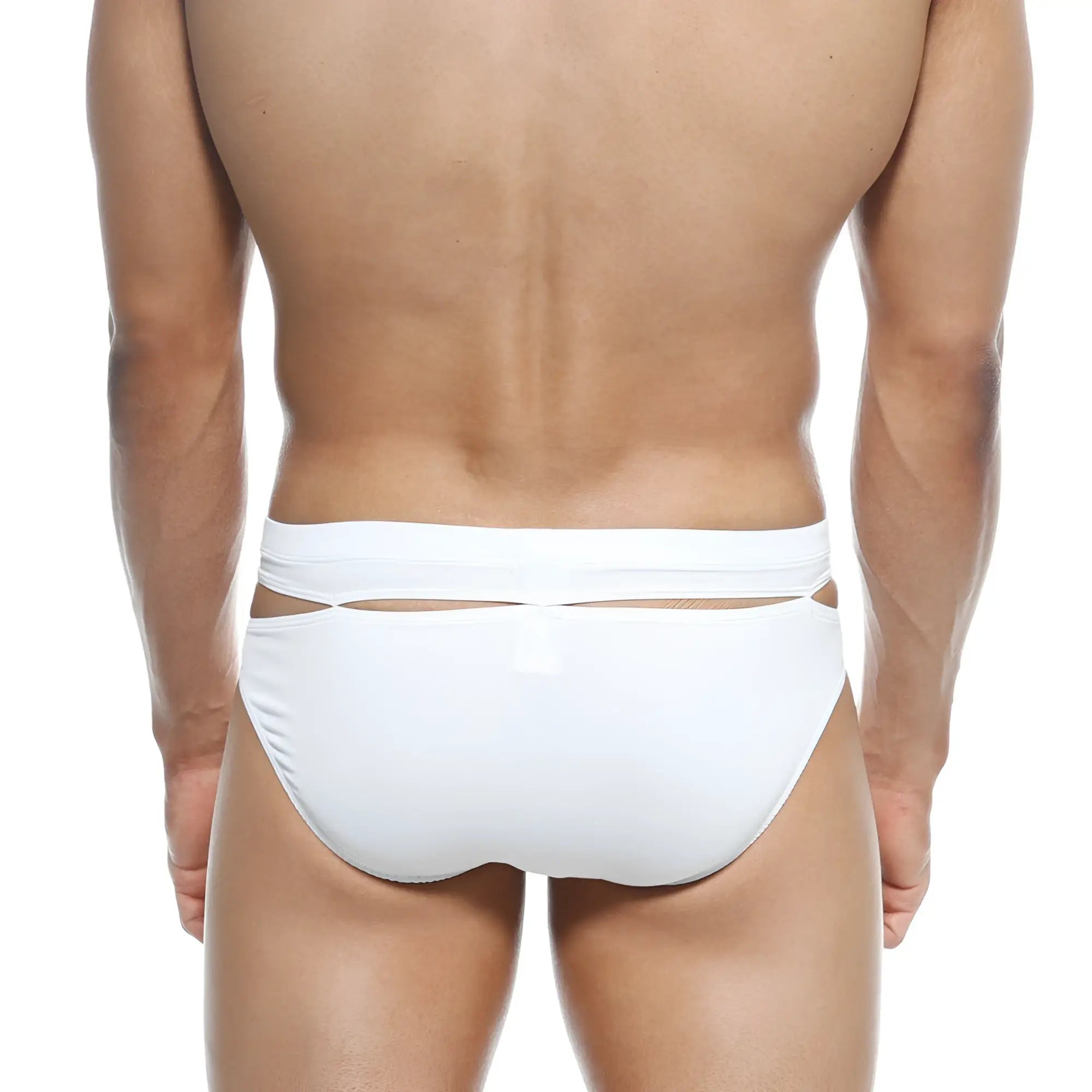 MetroMaleWear Concepcion Brief white swim trunks with sleek minimalist design and cut-out waistband detailing