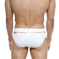 MetroMaleWear Concepcion Brief white swim trunks with sleek minimalist design and cut-out waistband detailing