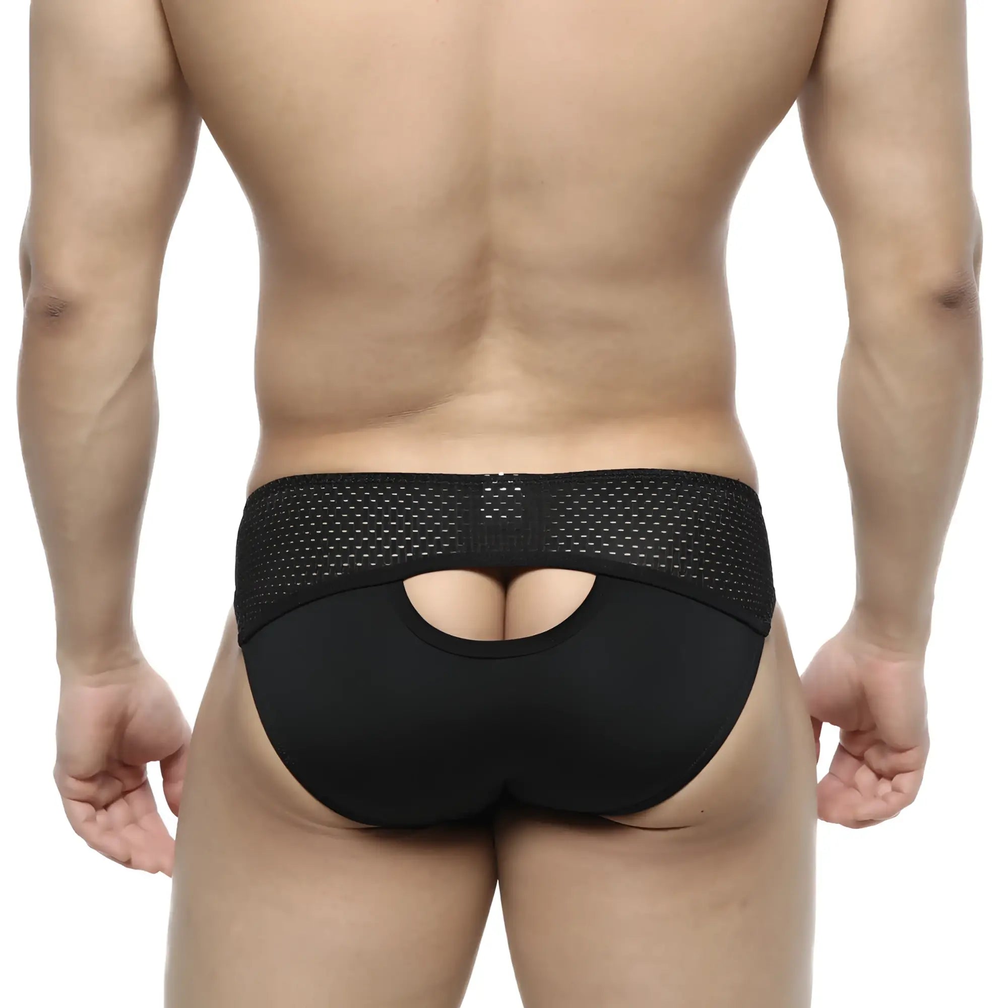 Back view of metromalewear contento bikini black briefs with black mesh and solid fabric featuring central cutout