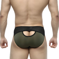 Olive green mesh-backed briefs with black elastic waistband and cutout detail by metromalewear contento bikini khaki 1205-26