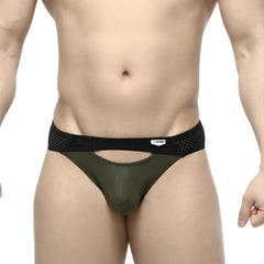 Olive green mesh-trimmed briefs with black elastic waistband and white metro male wear brand tag contento bikini khaki