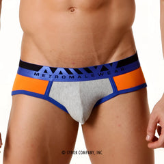 Gray and orange athletic briefs with blue trim featuring bold metromalewear logo on waistband metro malewear contrast brief