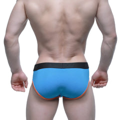 MetroMaleWear cool mesh turquoise brief with black waistband and orange trim designed for athletic comfort