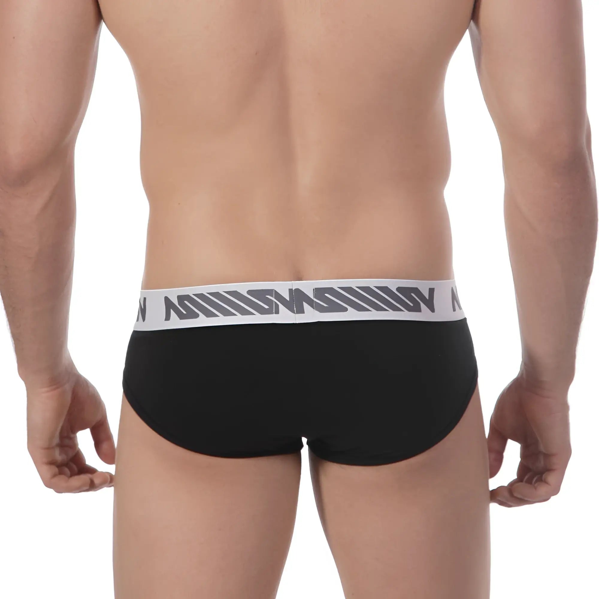 MetroMaleWear Core hip brief black with white elastic waistband and gray geometric logo pattern for everyday comfort