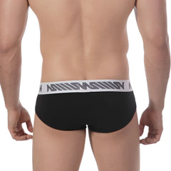 MetroMaleWear Core hip brief black with white elastic waistband and gray geometric logo pattern for everyday comfort