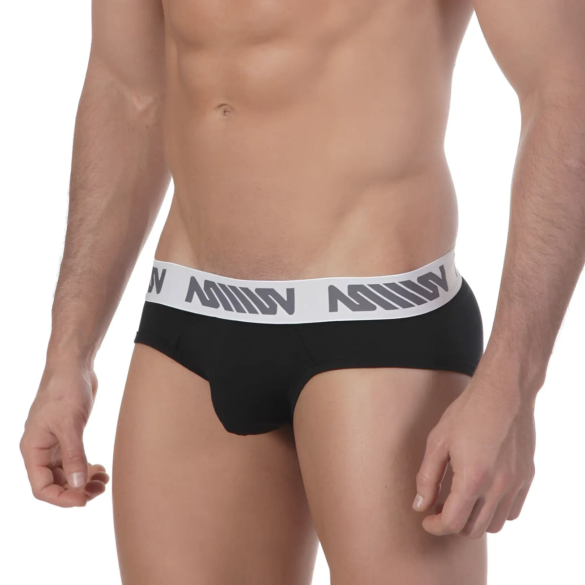 Black men’s briefs metroMalewear core hip brief black with white elastic waistband and gray million logo