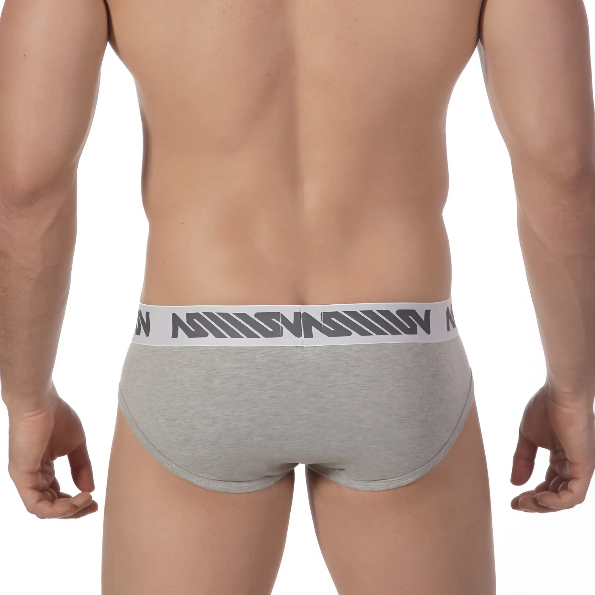 MetroMaleWear core hip brief grey 8003-10 heathered fabric with white elastic waistband and dark gray logo pattern