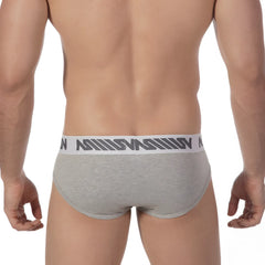 MetroMaleWear core hip brief grey 8003-10 heathered fabric with white elastic waistband and dark gray logo pattern