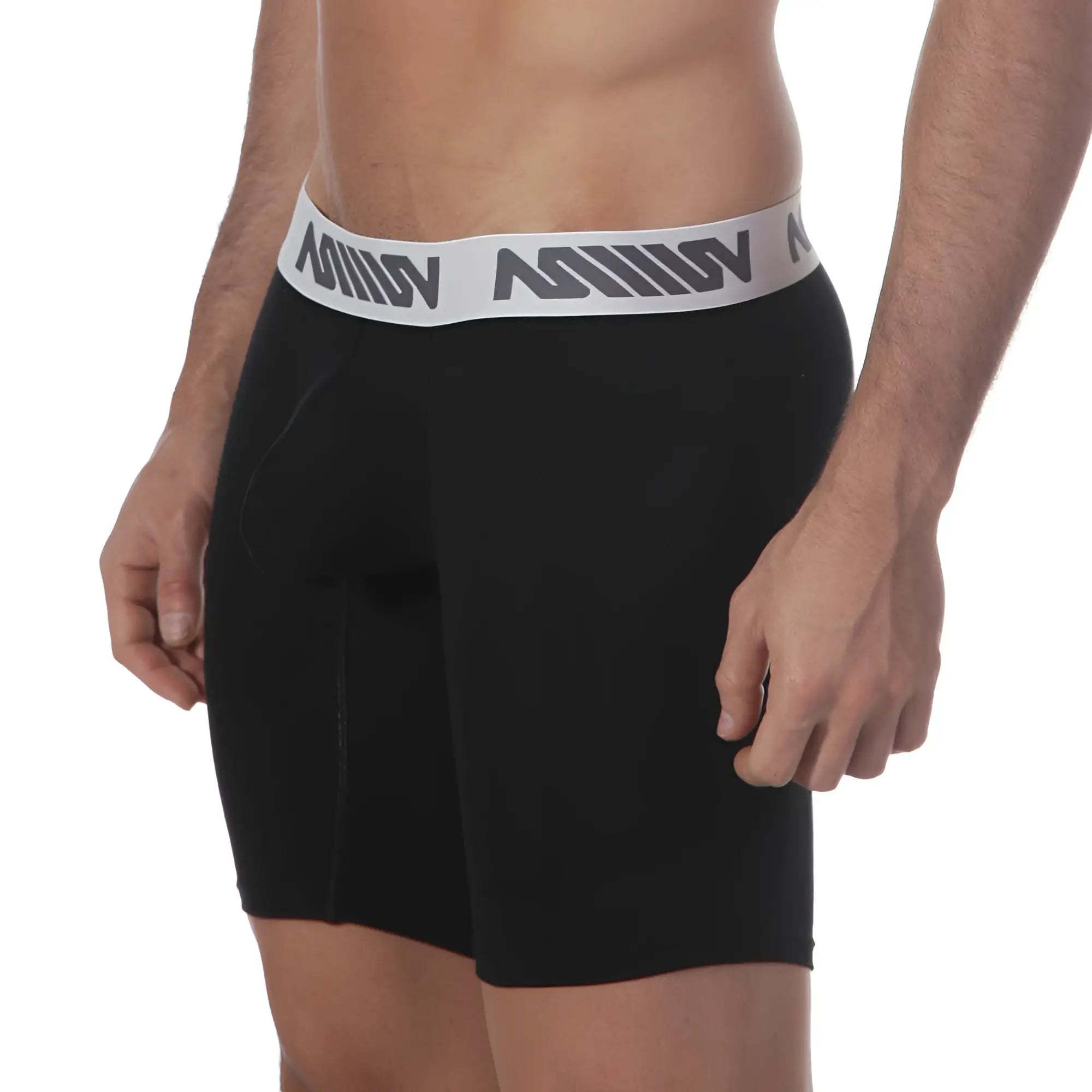 Black mens boxer briefs with white elastic waistband and gray repeating logo metroMalewear core midcut boxer black 8023-20