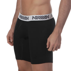 Black mens boxer briefs with white elastic waistband and gray repeating logo metroMalewear core midcut boxer black 8023-20