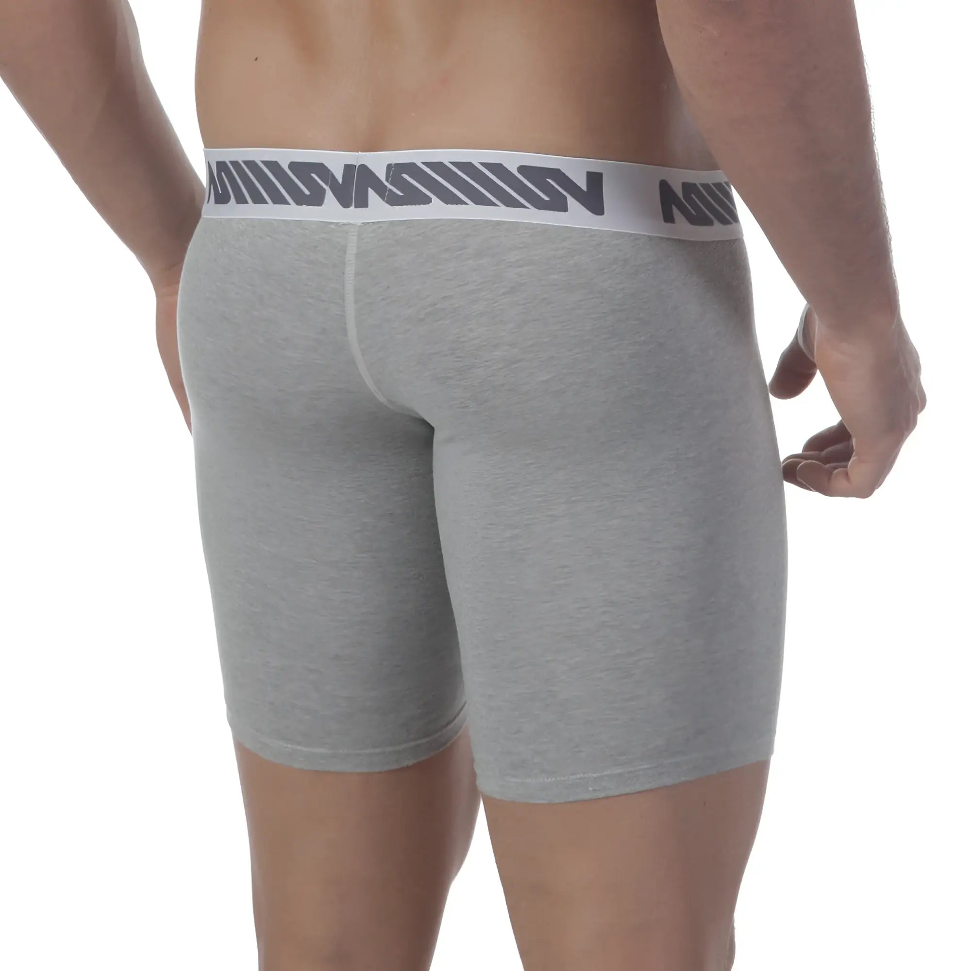 Gray heathered boxer briefs with white elastic waistband and dark gray madison logo from metromalewear core midcut line