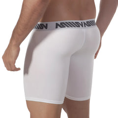 White mens midcut boxer briefs by metromalewear with gray elastic waistband and black lettering in cotton blend