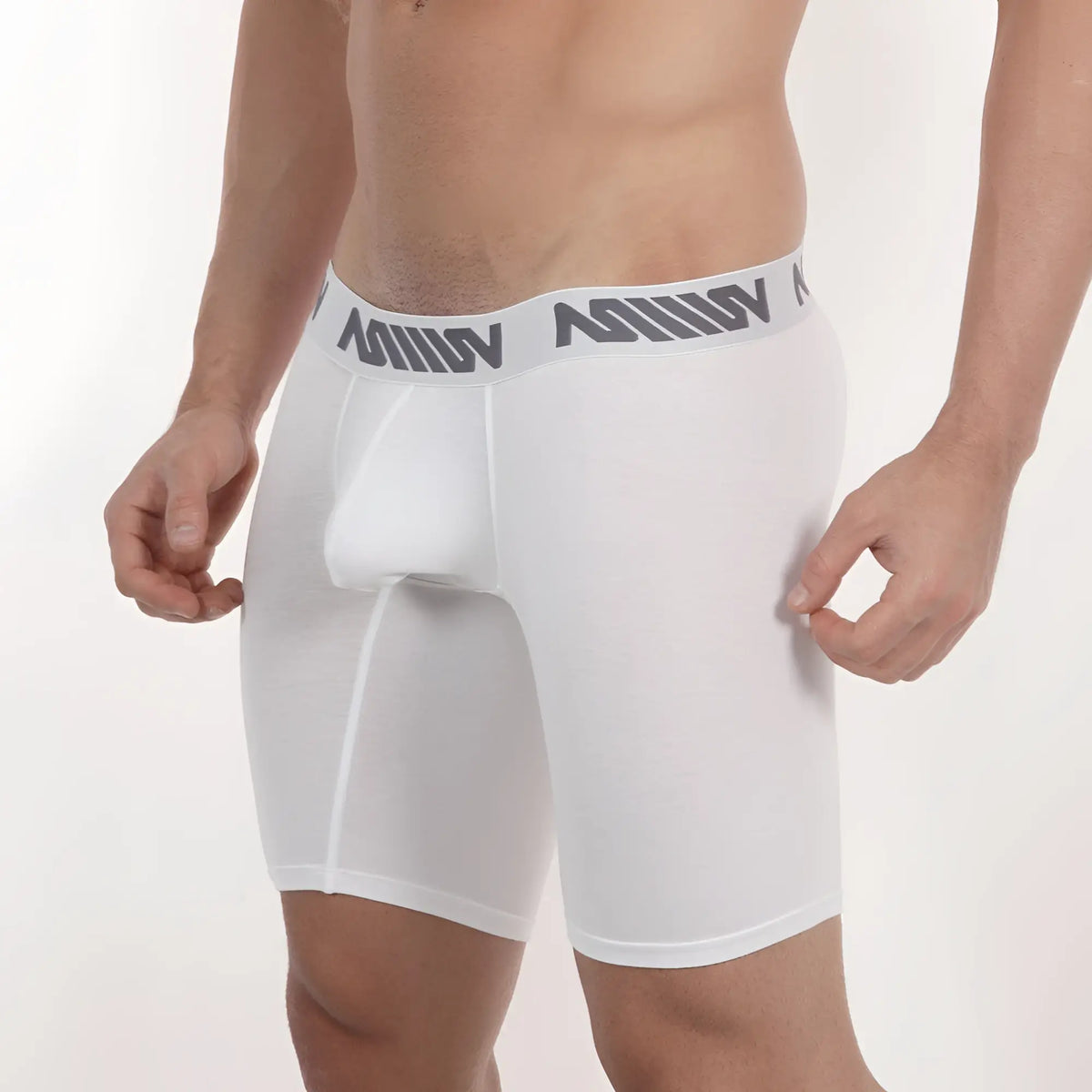 White metro malewear core midcut boxer briefs with gray waistband featuring million logo in repeating lettering