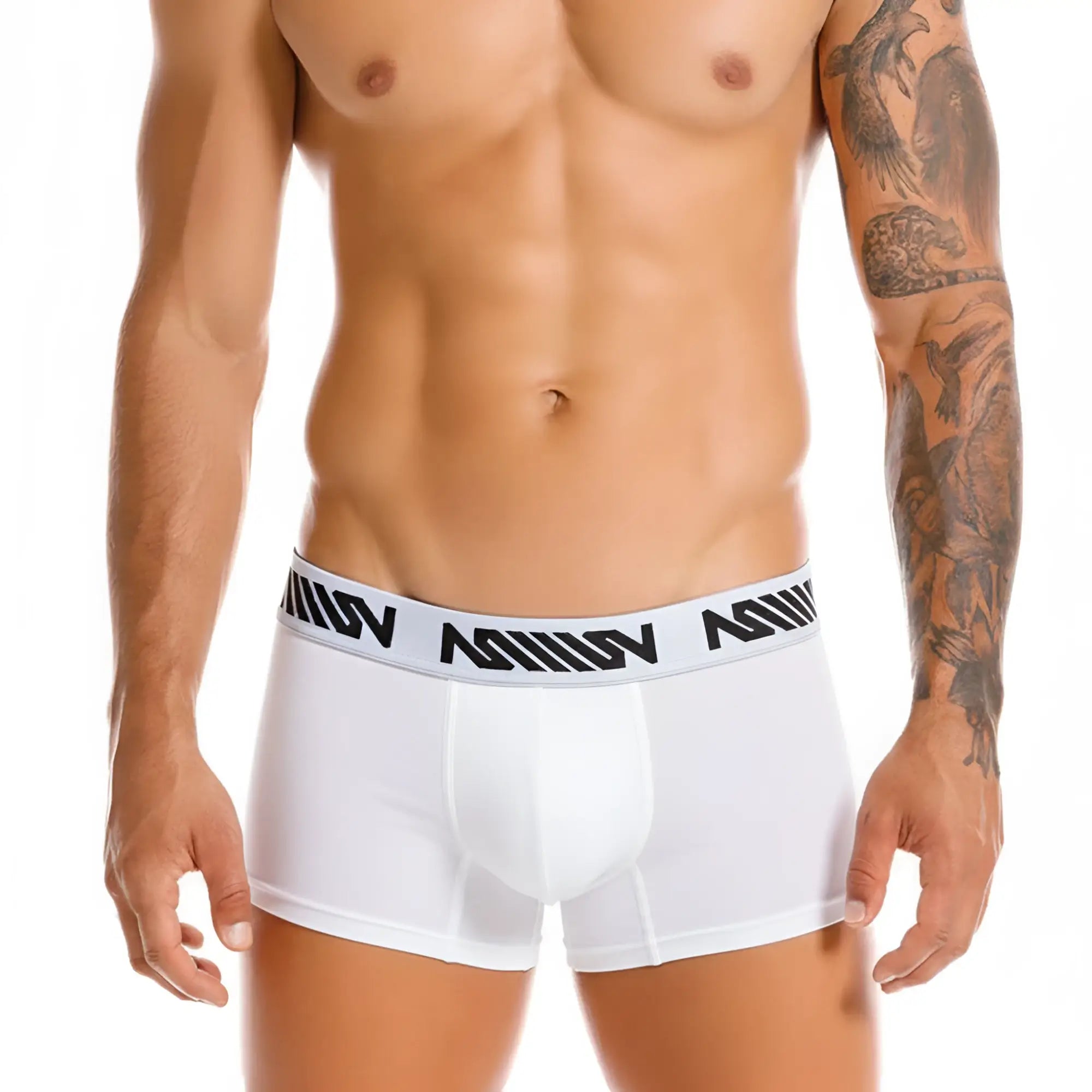 White men’s boxer briefs with black and white patterned elastic waistband featuring metro malewear logo