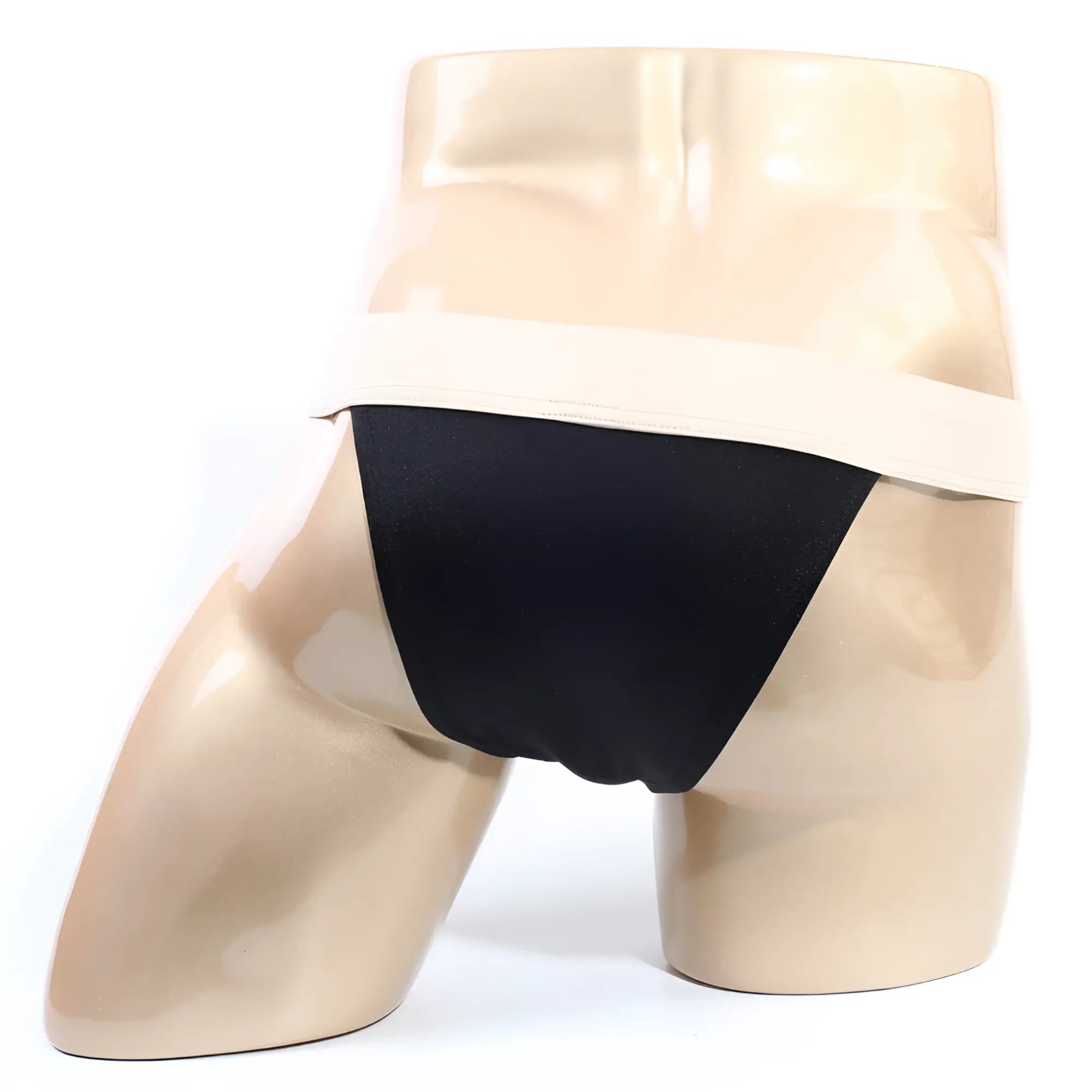 MetroMaleWear cosmos bikini black black satin briefs with wide beige waistband displayed on a mannequin front side