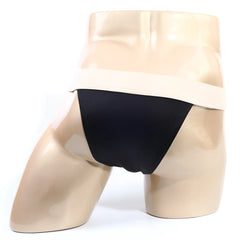 MetroMaleWear cosmos bikini black black satin briefs with wide beige waistband displayed on a mannequin front side