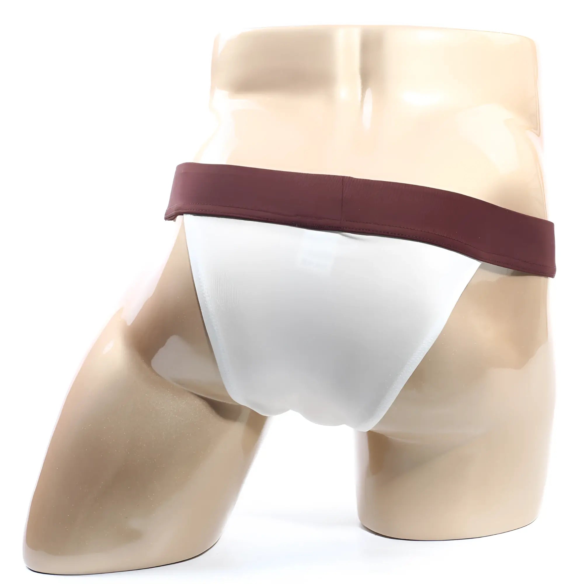 White athletic briefs with maroon waistband by metromalewear cosmos bikini cream 1124-04 displayed on a mannequin