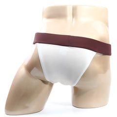 White athletic briefs with maroon waistband by metromalewear cosmos bikini cream 1124-04 displayed on a mannequin