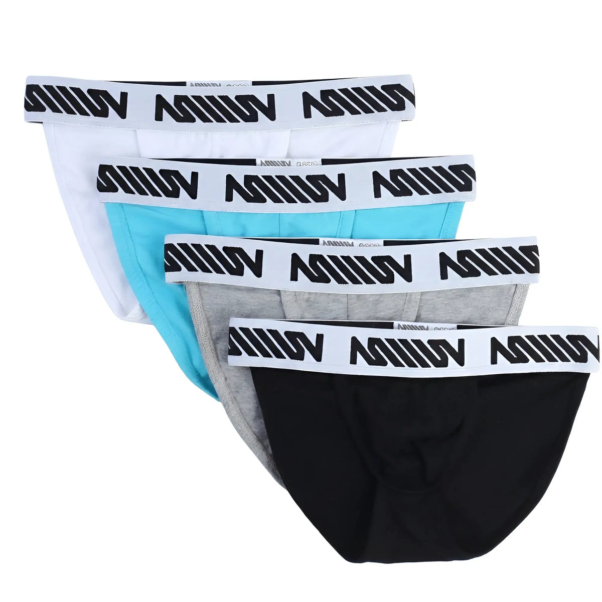Set of four MetroMaleWear cotton bikini briefs in white turquoise heather gray and black with logo waistband