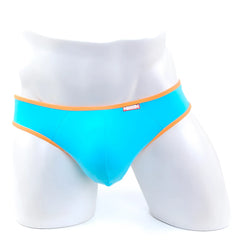 MetroMaleWear cotton half-bikini thong teal features bright turquoise briefs with orange trim and a red brand tag
