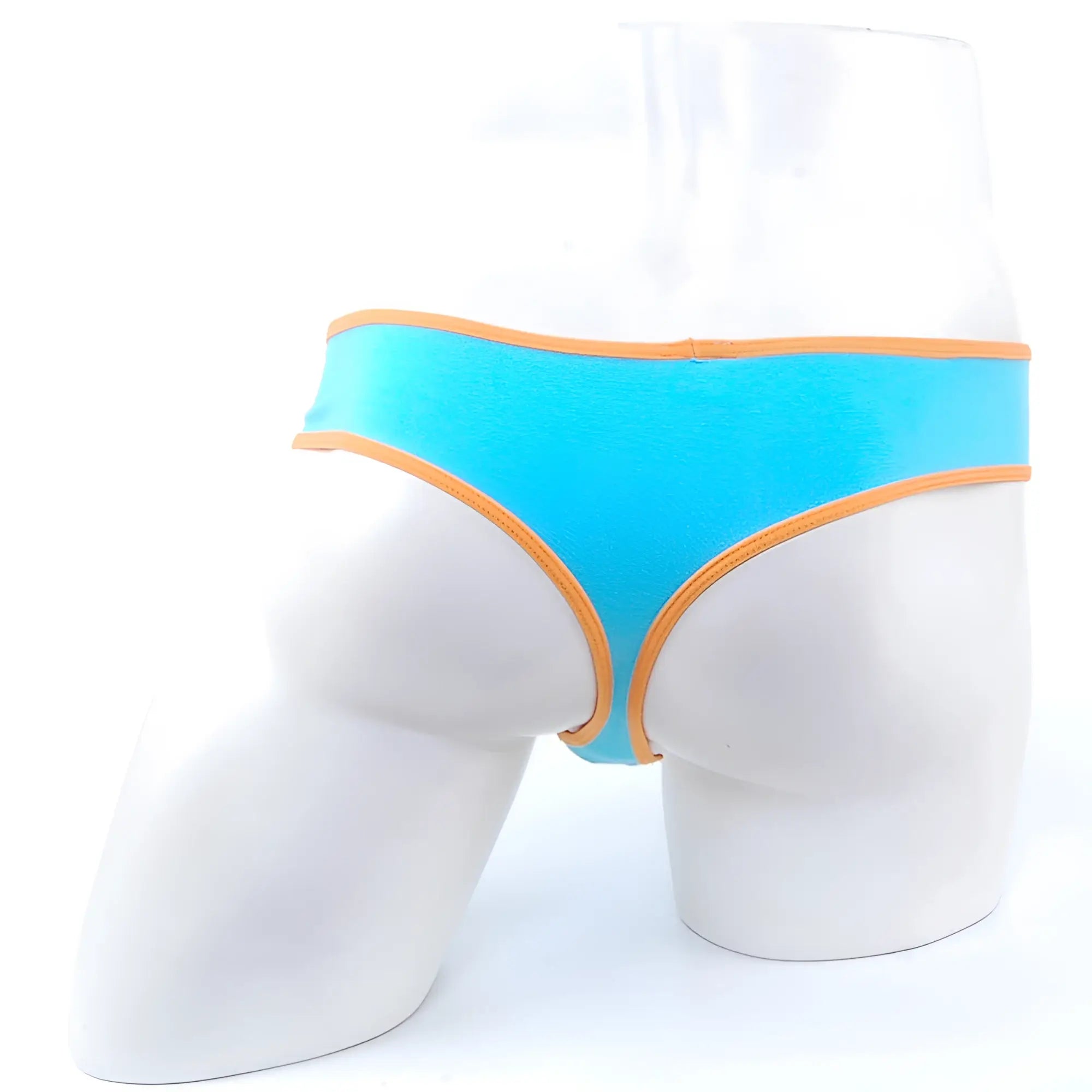 Metro male wear cotton half bikini thong in bright turquoise with contrasting orange trim for comfortable fit