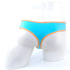 Metro male wear cotton half bikini thong in bright turquoise with contrasting orange trim for comfortable fit