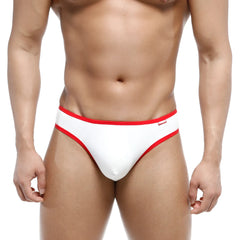 White cotton half-bikini thong by MetroMaleWear in white with red trim shown from the back side